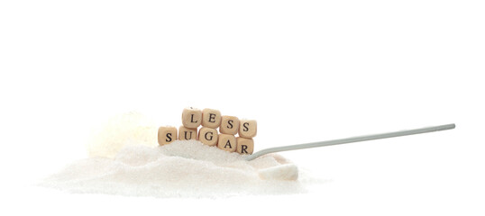 Less Sugar alphabet letter word bead on pile of refined sugar. Diabetes concept to reduce sweet...