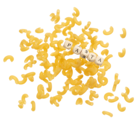 Alphabet letter wording "Pasta" bead toy flying over explosion flying in air. Pasta Macaroni word alphabet letter show italy noodle ready to eat with hot water. White background isolated.