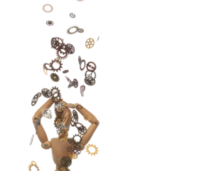 Cogwheels flat gear shape falling to head mannequin. Putting knowledge learning to small brain. Artificial Intelligent AI gear train collect data, Idea development concept. White Background isolated