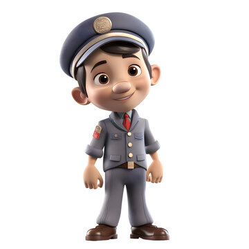 3D illustration of a cute boy with a police cap and uniform