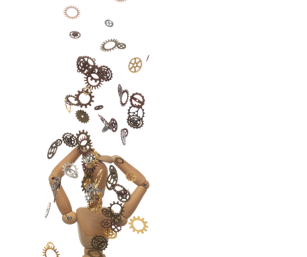 Cogwheels flat gear shape falling to head mannequin. Putting knowledge learning to small brain. Artificial Intelligent AI gear train collect data, Idea development concept. White Background isolated