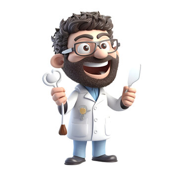 3D illustration of a cartoon character doctor with a spoon and fork