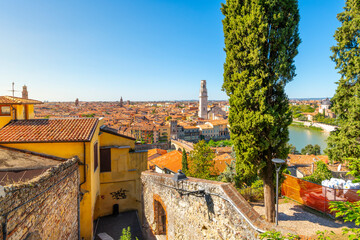 View of the historic center of the city of Verona, Italy and the Ponte Pietra bridge and river...