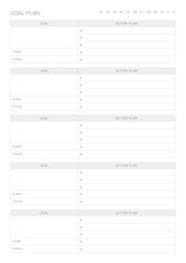 This goal plan template with a simple and minimal style. Note, scheduler, diary, calendar planner document template illustration.