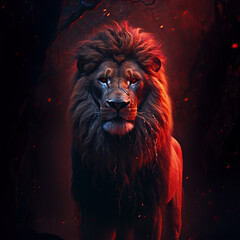 Fototapeta premium A beautiful image of a lion with a red light. Dramatic tone.AI generated image.