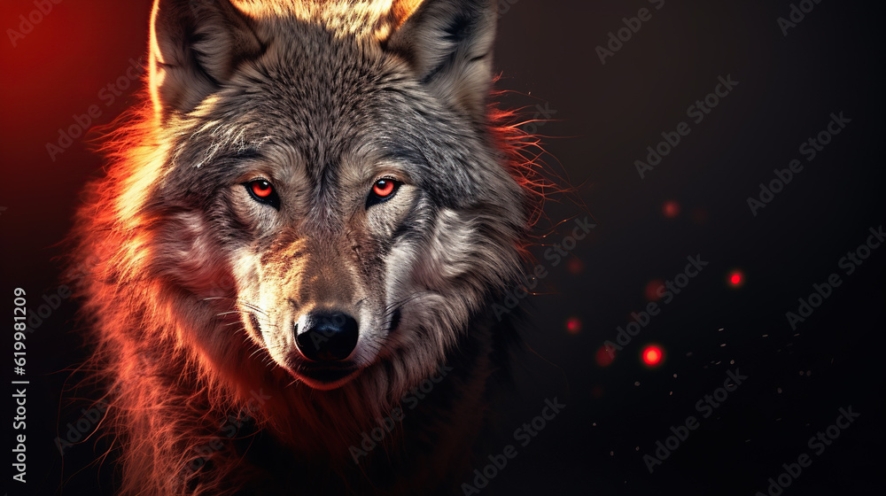 Wall mural a beautiful image of a wolf with a red light. dramatic tone.ai generated image.
