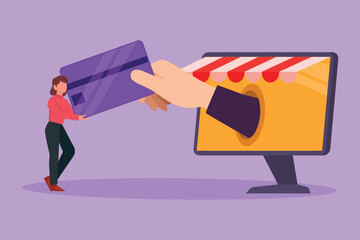 Cartoon flat style drawing beauty female inserting credit card into large canopy monitor screen and accepted by big hand. Digital payment and online store concept. Graphic design vector illustration