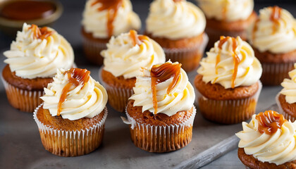 Obraz na płótnie Canvas Homemade butterscotch cupcakes with caramel syrup and cream cheese frosting