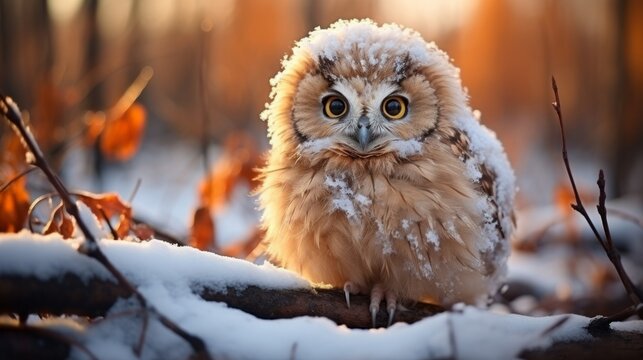 An adorable fluffy owl on the snowy ground. Generative AI.