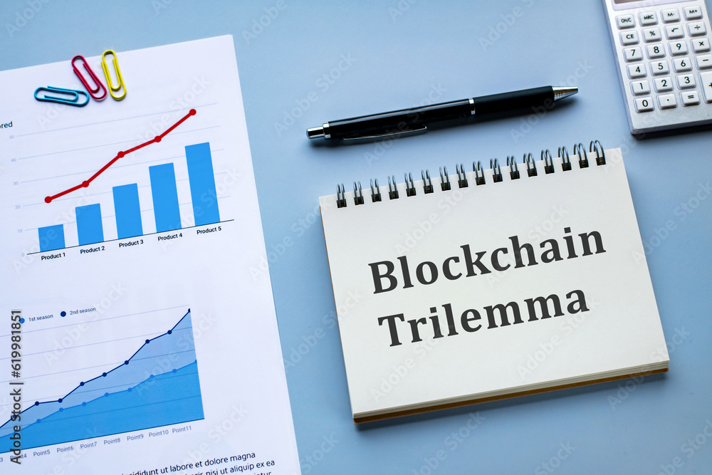 Poster there is notebook with the word blockchain trilemma. it is as an eye-catching image.