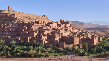 An overview of ksar of Ait Benhaddou, Morocco - UNESCO World Heritage Site. Architectural authenticity, traditional construction materials and techniques. A location of a Hollywood filming.
