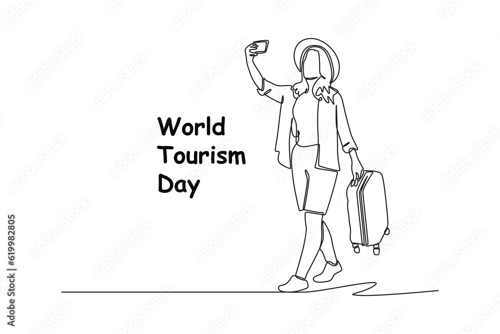 Wall mural single one line drawing world tourism day concept. continuous line draw design graphic vector illust