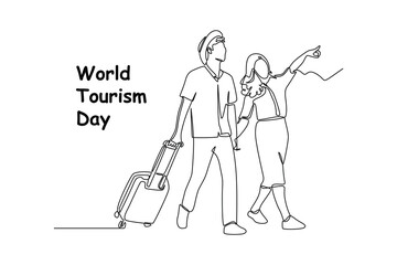Single one line drawing World tourism day concept. Continuous line draw design graphic vector illustration.