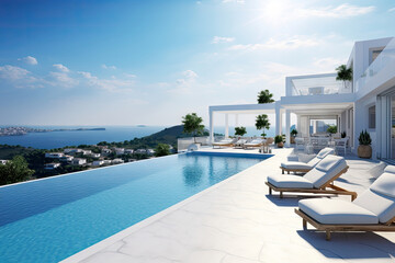 Fototapeta premium White Mediterranean Modern and luxury Hotel lounge building architecture design concept, summer villa house residence and private with swimming pool and sea view, resort, with Generative Ai.