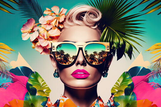 Fashionable young woman wearing golden sunglasses. Summer collage with colorful flowers and palm trees. Digital Illustration