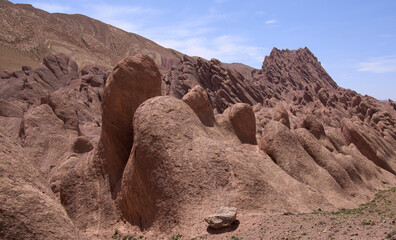 Rocky landscape of mountain ridge Monkey Fingers or Monkey paws in Dades gorge, Atlas Mountains....