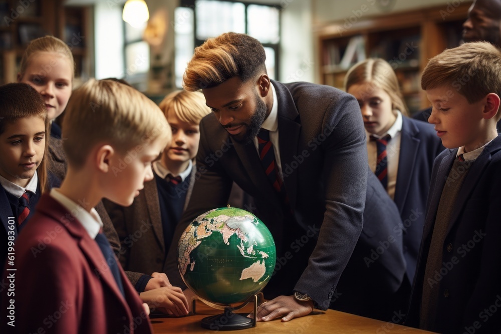 Wall mural Geography teacher and globe at the lesson. Back To School concept. Background with selective focus