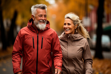 A man and a woman, a couple of adult active people walk in the autumn park. Background with selective focus