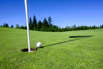 Success, golf ball on the edge of the cup on the green, ready to roll in, recreation on a sunny...