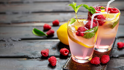 Spring or summer refreshing cold cocktail or mocktail with berries and lemon, raspberry lemonade