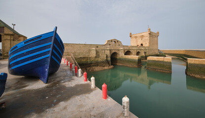 Borj El Barmil, a fort built at the entrance to port of Essaouira, Morocco - a defensive tower,...