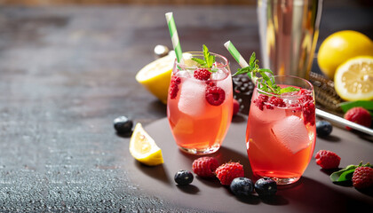 Spring or summer refreshing cold cocktail or mocktail with berries and lemon, raspberry lemonade