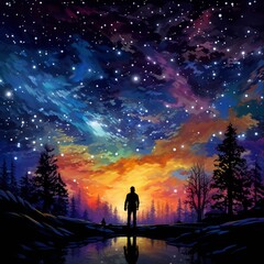 people with night sky view illustration