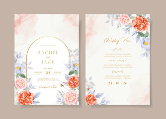 Watercolor wedding invitation template set with peach orange floral and leaves decoration