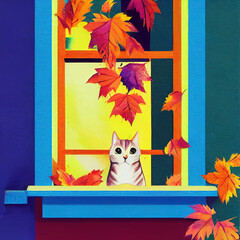 Maple whispers. A cheerful cat at the blue window, delighting in the vibrant autumn foliage. AI-generated