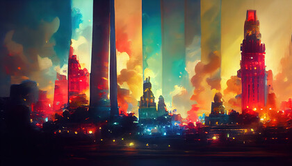 Abstract bright skyscrapers in the metropolis. Imitation of oil painting. AI-generated
