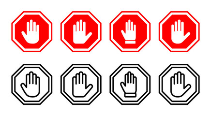 Stop icon set illustration. stop road sign. hand stop sign and symbol. Do not enter stop red sign with hand