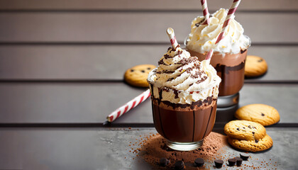 Chocolate frappe with whipped cream, syrup and cookies.