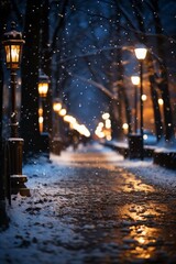 A city street in winter snow decorated for the holidays. Generative AI. 