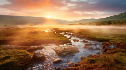 Obraz premium Unbelievable summer sunrise in Great Geysir valley. Colorful morning scene of the slopes of Laugarfjall hill.