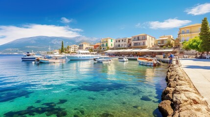 Obraz premium Colorful sunrise in Logari port with small fishing boat with Kyparissi village on background. Picturesque summer scene of Peloponnese peninsula, Greece, Europe.