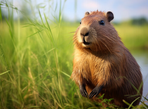 Curious baby beaver emerges from the water, sits on its grass. High quality photo