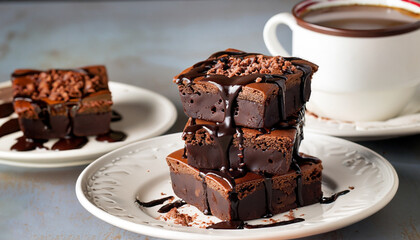 Brownies in stacked coffee cups with hot fudge chocolate sauce