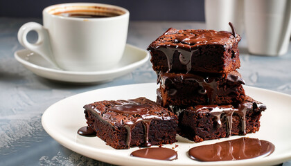 Brownies in stacked coffee cups with hot fudge chocolate sauce