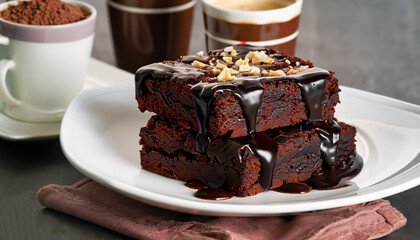 Brownies in stacked coffee cups with hot fudge chocolate sauce