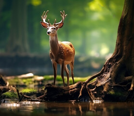 Beautiful deer in the forest. Wildlife scene from nature. Deer in the forest. High quality photo