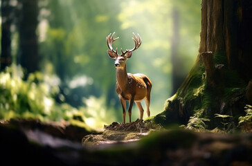 Beautiful deer in the forest. Wild animals in the forest. High quality photo