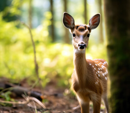 Young whitetail deer fawn in the forest. High quality photo