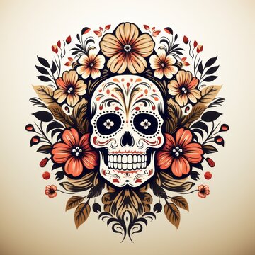 A skull with flowers and plain background design. Generative AI. 