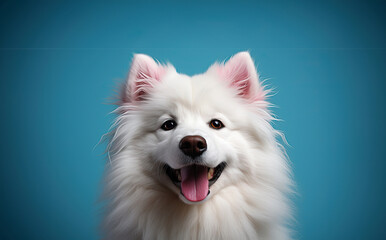 Illustration of a fluffy white dog with a blue background created with Generative AI technology