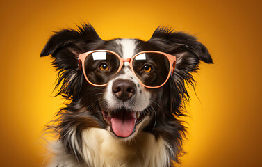 Illustration of a black and white dog wearing pink glasses created with Generative AI technology