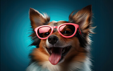 Illustration of a playful dog wearing pink sunglasses and sticking its tongue out created with Generative AI technology