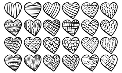 Set of outline doodle hearts with simple patterns, coloring page with symbols for Valentine's Day