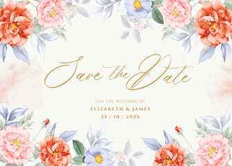 Background wedding invitation template set with beautiful peach orange floral and leaves decoration