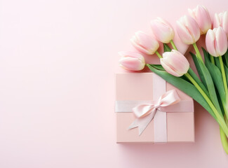 Pink tulips and giftbox with a ribbon on a pink background.