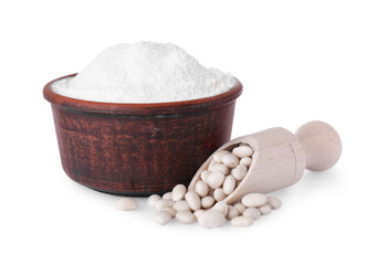 Bowl with flour, wooden scoop and kidney beans isolated on white